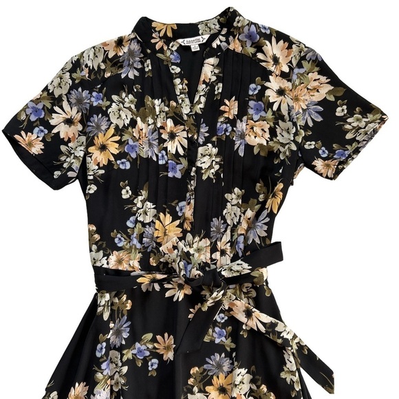 Nanette Lepore size 2 BLACK DREAM CLOUD belted pleated Floral Midi Dress - Picture 8 of 13